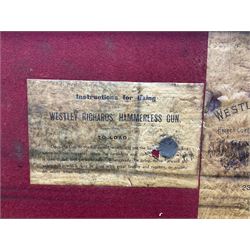 Leather shotgun case, the red baize lined interior with the trade labels of Westley Richards & Co., London, a brass plaque inscribed 'T Nevin, Mirfield, Yorkshire' to cover, with key, case to fit barrel 76cm (30 inches)  
