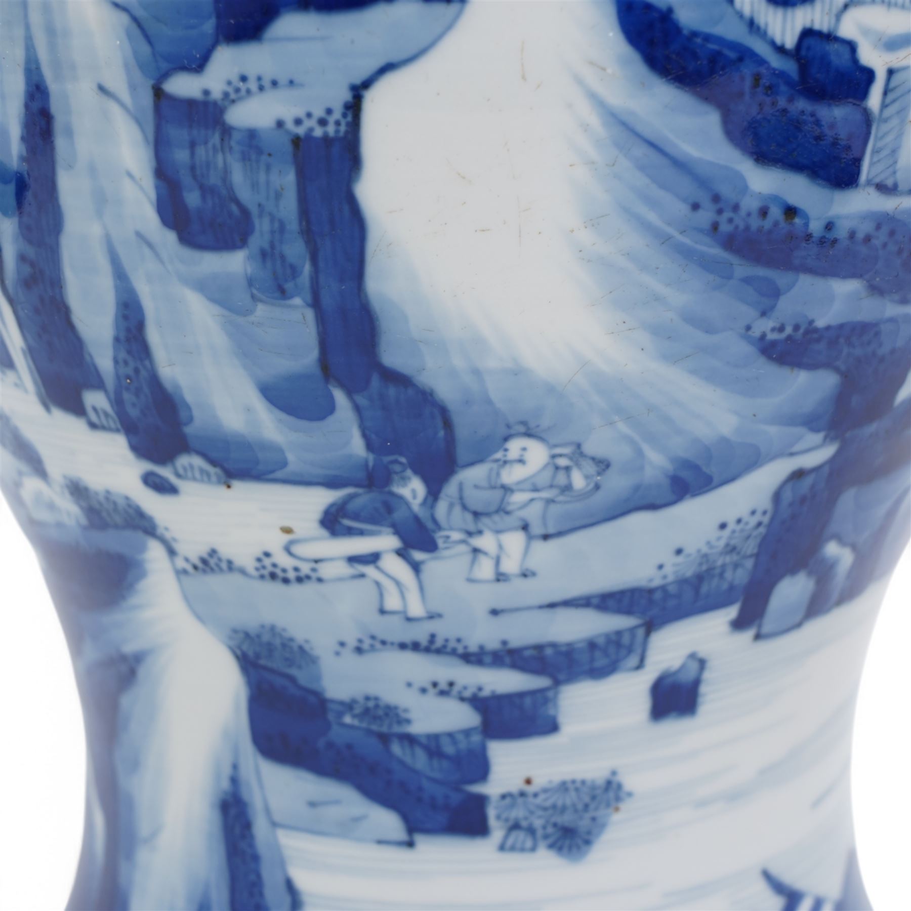 Qing Dynasty Yen Yen blue and white vase in the Kangxi style decorated with a lake landscape surrounded by rocky cliffs, figures in a boat and on the shore H45cm 