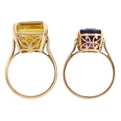 Gold single stone oval amethyst ring and a gold cushion cut citrine ring, both 9ct