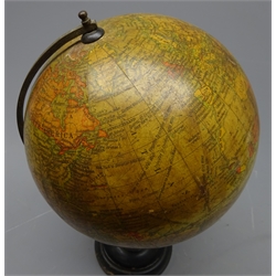  'Geographica' Ltd. 56 Fleet Street London 8 inch Terrestrial Globe, showing Railways, Steamer Routes, Heights in English Feet and British Possessions, mounted in brass half-meridian on turned ebonised base, H36cm  