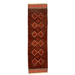 Afghan red and indigo ground runner rug, decorated with all over lozenges surrounded by geometric patterns