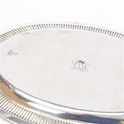 American silver tray, of plain oval form with embossed rim engraved to underside with monogram, stamped Sterling with maker's marks for Gorham, W24cm, L36cm