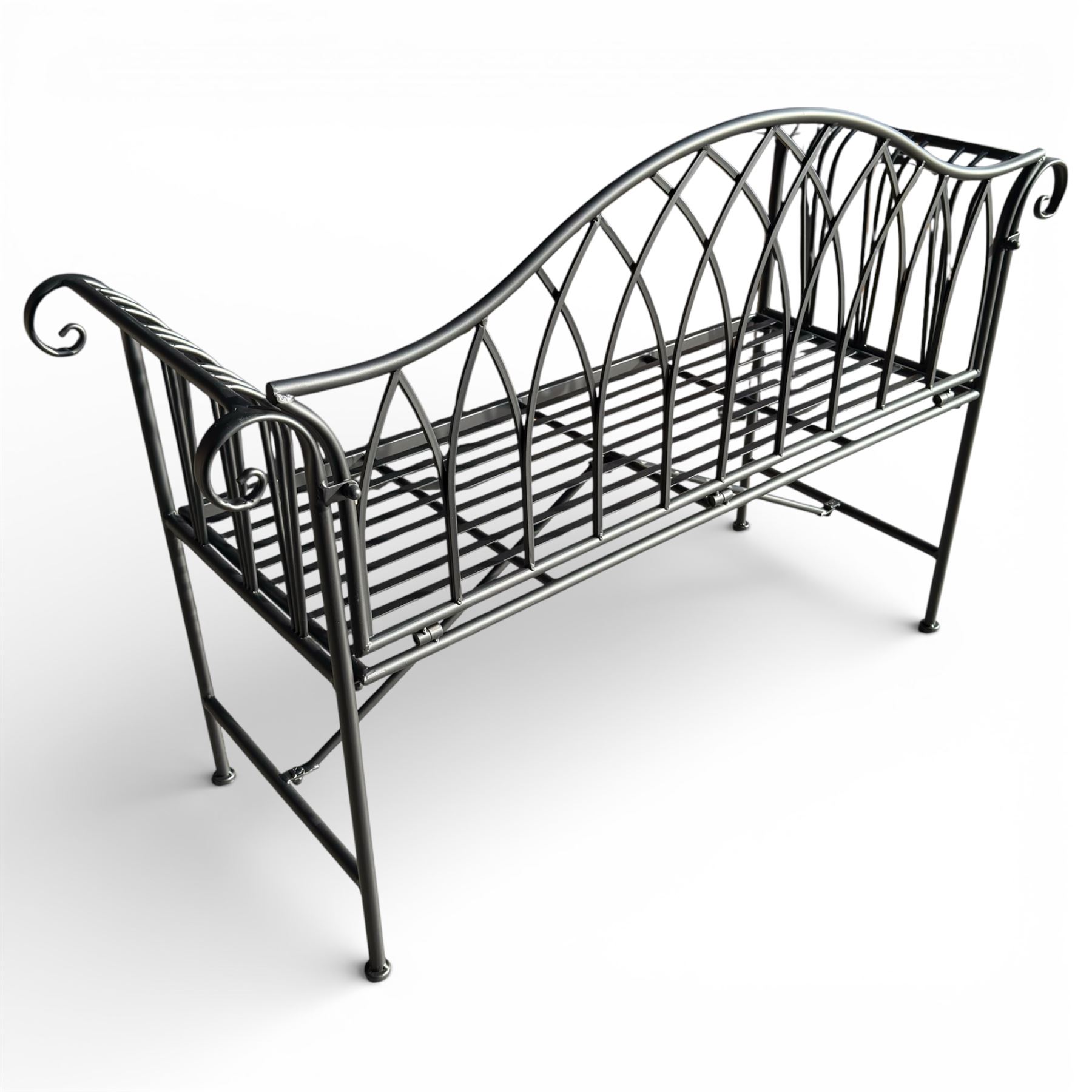 Black powder coated metal bench in a Victorian style