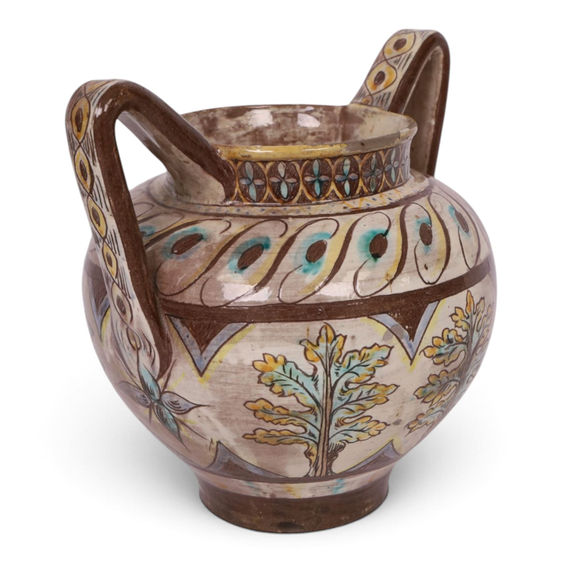 William De Morgan twin handled vase, sgraffito-decorated with turquoise and yellow trees, within a brown boarder, with a repeating floral boarder to the neck, with signed and impressed marks beneath, H21cm