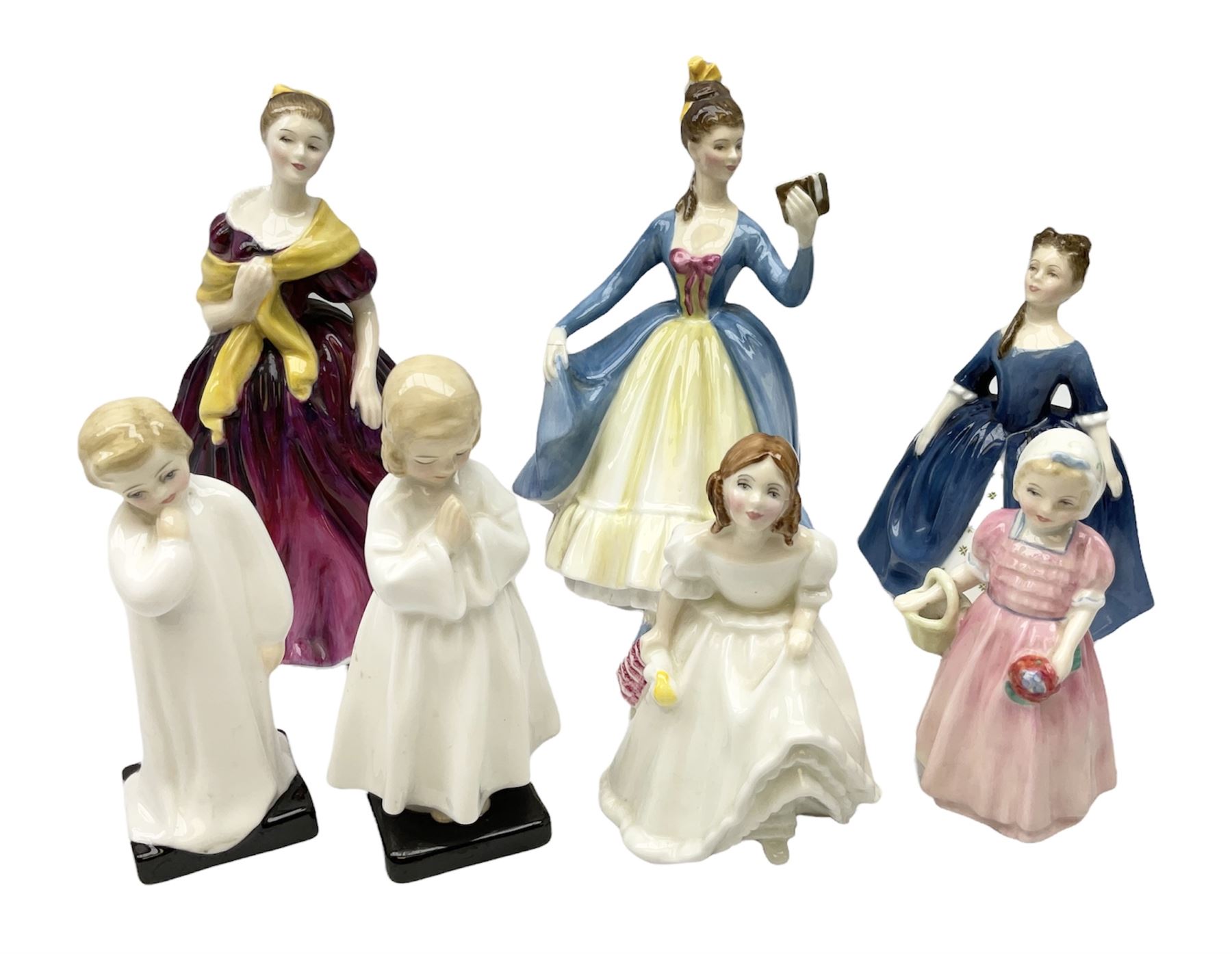 Royal Doulton figures, comprising Lynsey HN3043, Tinkle Bell HN1677, Debbie HN2385, Bedtime HN 1978, Darling HN1985, Adrienne HN3159 and Leading Lady HN2296