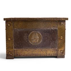 Arts and Crafts brass bound coal box, with sailing ship decoration to the front and lid, together with a similar slope fall front coal box, largest H36cm, 54cm
