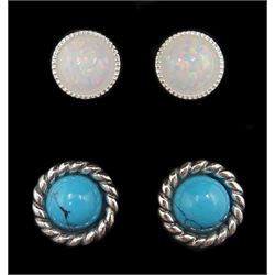 Pair of silver turquoise stud earrings and one other pair of silver opal stud earrings, stamped 925