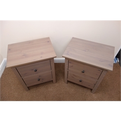  Pair painted bedside chests, two drawers, stile supports, W54cm, H66cm, D38cm  