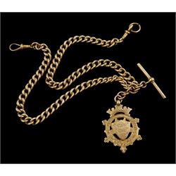 Early 20th century 9ct rose gold Albert chain, with 9ct gold fob Chester 1913 and one other Edwardian silver fob