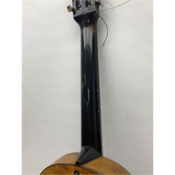 19th century Continental parlour guitar for restoration or display, with maple back and sides,  spruce top, scalloped neck and bone pegs; bears inset plaque to head 'Lapaix Paris 1830' and 'John Eastwood Teacher of the Guitar' paper label with manuscript note 'Fine Old Guitar Restored 1888 by JCB Leeds' L92cm