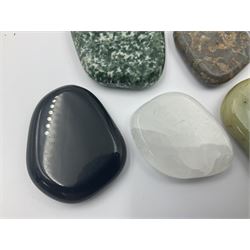 Fifteen mineral specimens, each cut and polished to highlight natural formations, including lapis lazuli, rose quartz, green aventurine, jasper, black obsidian etc, L4cm