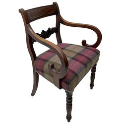 George III inlaid mahogany elbow desk chair, moulded bar back inlaid with checkered stringing over foliage scroll carved middle rail, down swept scrolled arms with boxwood stringing, upholstered in Moon tartan fabric, on turned front supports