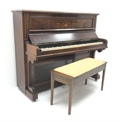  Early 20th century John Broadwood & Sons London, inlaid walnut cased, cast iron overstrung upright piano (W137cm) and stool with hinged lid (2)  