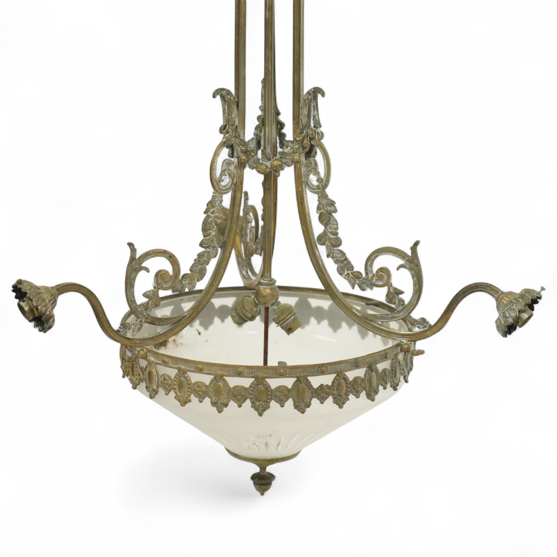 Early 20th-century French gilt bronze and glass three-light plafonnier, circular frosted glass bowl with moulded flutes, frosted glass bowls suspended from a hexagonal stem with scrolling acanthus branches and stiff leaf ceiling corona 