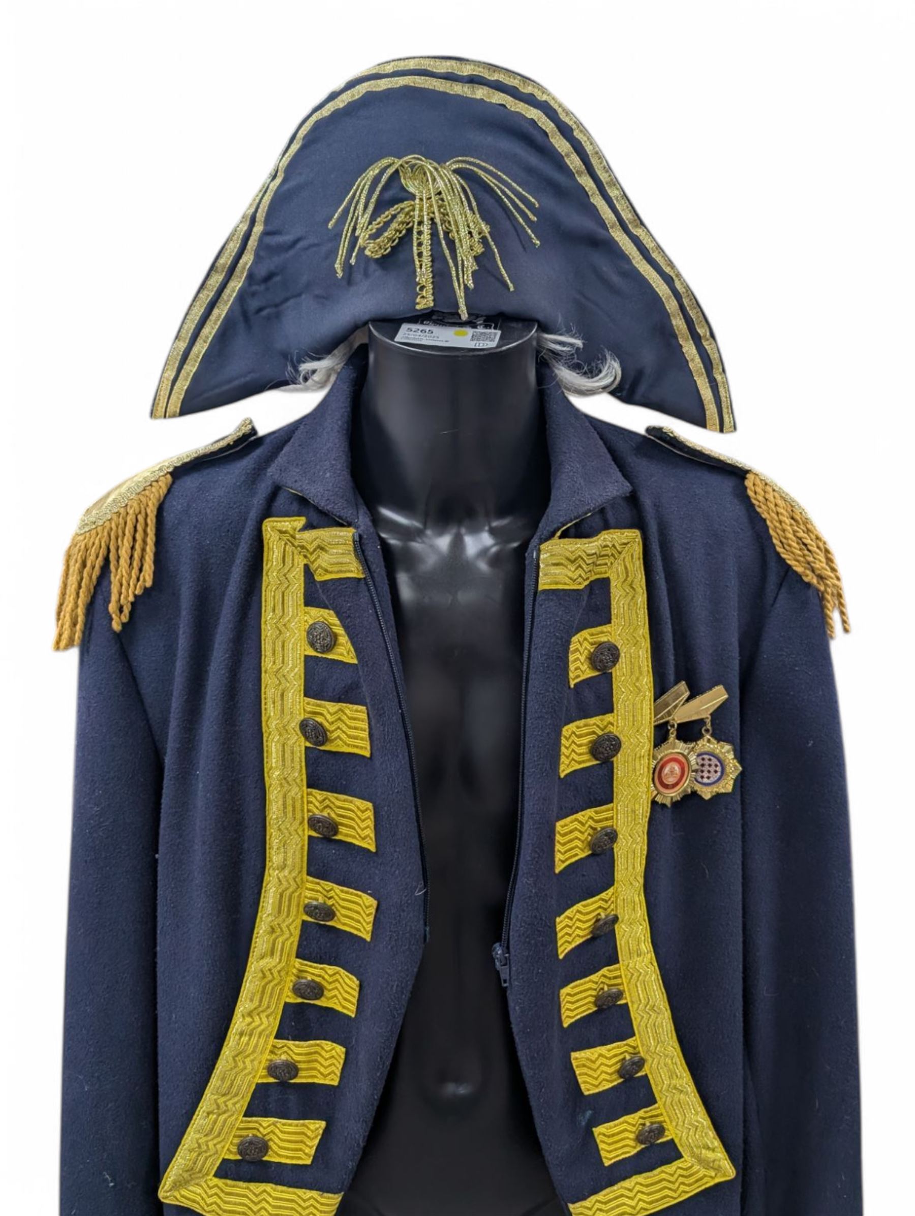 Lord Nelson costume, including hat, jacket and medals, on a black plastic male mannequin