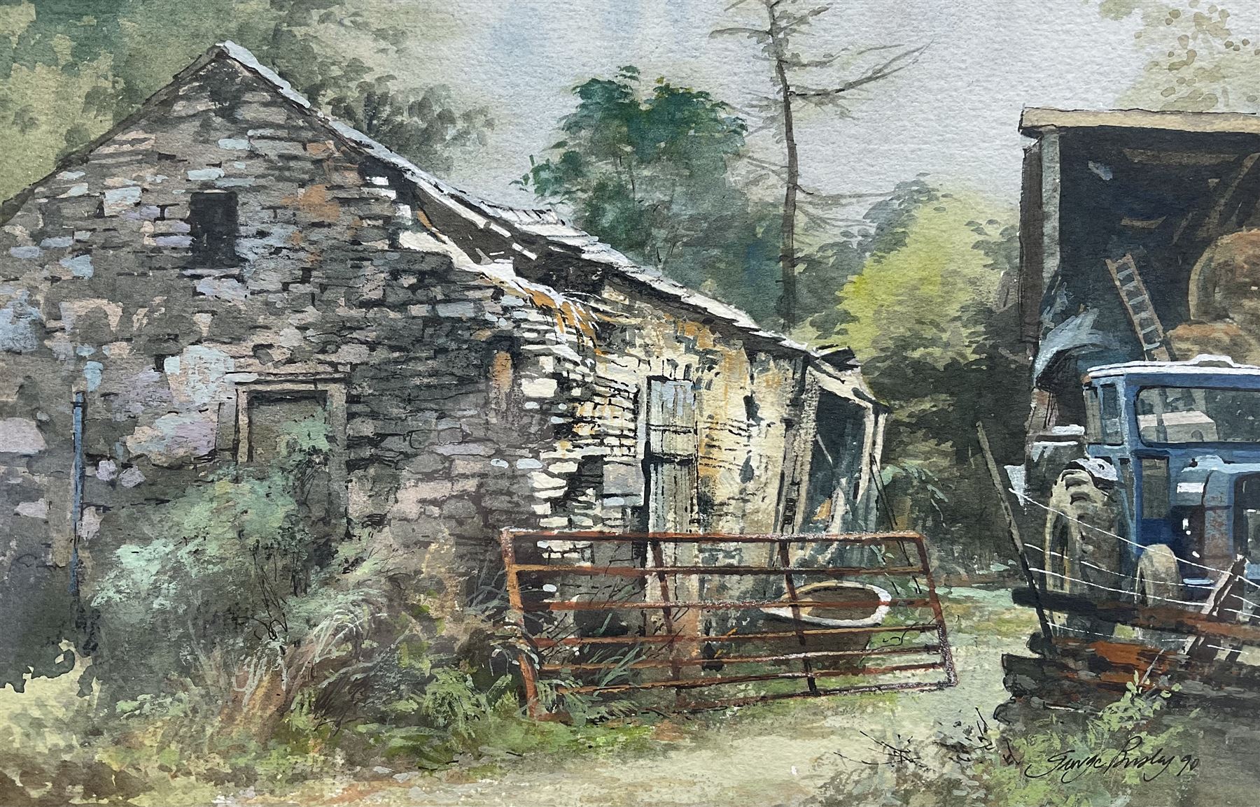 George Busby (Northern British 1926-2005): The Farmyard, watercolour signed and dated '90, 18cm x 27cm