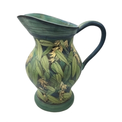  Jackie Walton, large studio pottery jug inscribed and painted with foliage, H33cm   