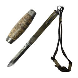 Mid 20th century Swedish barrel/sloyd knife by Segerstrom, with wooden handle and leather strap, stamped Segerstrom Eskiltuna Sweden, blade 8cm