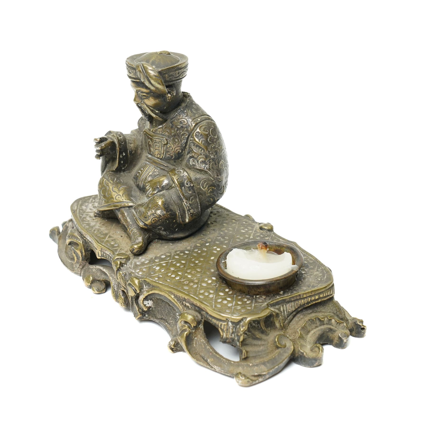Early 19th century bronze 'go to bed' in the form of a seated Chinese figure on a rococo base W11cm and a plated on copper figure of a swordsman H12cm (2)