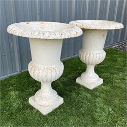 Pair of Victorian design cream painted cast iron garden urns, egg and dart decoration
 - THIS LOT IS TO BE COLLECTED BY APPOINTMENT FROM DUGGLEBY STORAGE, GREAT HILL, EASTFIELD, SCARBOROUGH, YO11 3TX