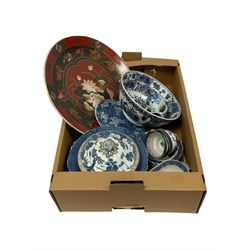 Chinese charger, Booths Real Old Willow teaware etc in one box
