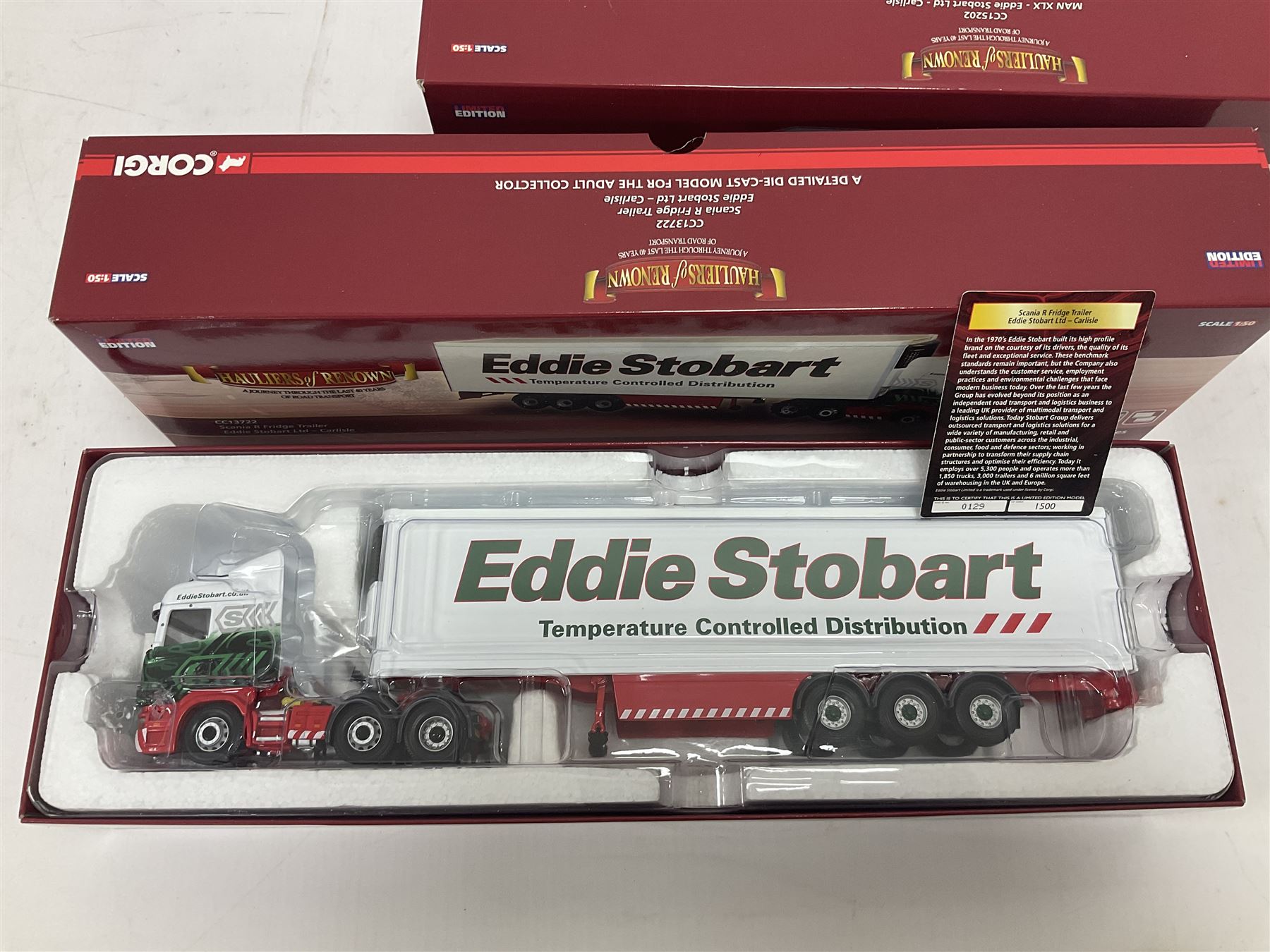 Corgi Hauliers of Renown - four limited edition 1:50 scale Eddie Stobart heavy haulage vehicles comprising CC13812 Mercedes-Benz Actros Curtainside; CC15002 Iveco Stralis Curyainside; CC13722 Scania R Fridge Trailer; and CC15202 MAN XLX; all boxed (4)