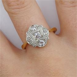 Art Deco gold milgrain set, five stone diamond cluster ring, stamped 18ct Plat, total diamond weight approx 0.40 carat