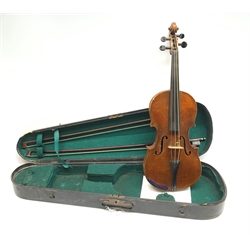 John Murdoch & Co. 'The Maidstone' three-quarter size violin with 33.5cm two-piece maple back and ribs and spruce top, bears label, 55cm overall, in original ebonised wooden 'coffin' case with two bows 