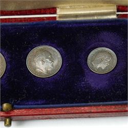 King Edward VII 1905 Maundy Money four coin set, in contemporary red leather case