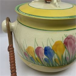 Clarice Cliff for Royal Staffordshire/Newport pottery, biscuit barrel with cover in Sungleam Crocus pattern, H16cm 