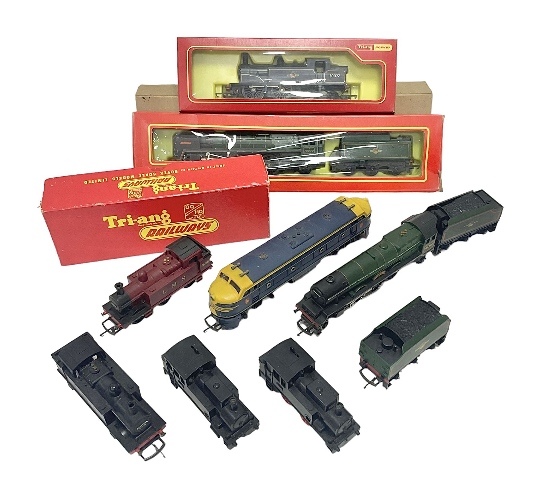 Hornby/Tri-Ang ‘00’ gauge - nine locomotives to include Britannia Class ‘Britannia’ 4-6-2 no.70000 in BR green; Class M7 4-4-0 Tank no.30027 in BR black; Princess Class ‘Princess Victoria’ 4-6-2 no.46205 in BR black; in original boxes; further loose models Princess Class ‘Princess Elizabeth’ 4-6-2 no.46201 in BR green; Class 3F 0-6-0 tank no.7606 in LMS crimson; TR double ended diesel locomotive; three further tank locomotives and one loose tender (10) 