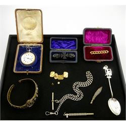Victorian 9ct gold bar bar brooch, pair of 9ct gold cufflinks and pair of gold earrings, all 9ct hallmarked or tested, silver watch chain, Victorian jet cross bar brooch silver fob watch, two velvet and silk lined jewellery boxes and other costume jewellery