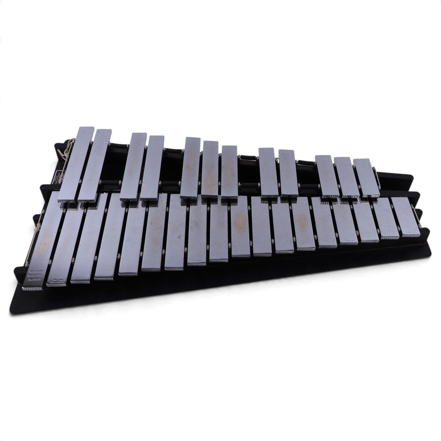 Viscount Percussion A-440 concert glockenspiel, made in England, with graduated metal bars on black wooden frame, contained within hard carry case