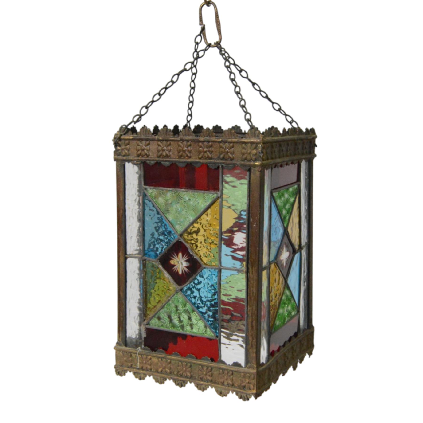 Edwardian metal framed hanging hall lantern, of rectangular form, with leaded stained and clear glass panels, H28cm