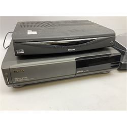 Two VHS video cassette recorders comprising Sharp VC-M312 and Hitachi F645E, together with Philips Digital Terrestrial Receiver, Toshiba VHS 4Head and a record player