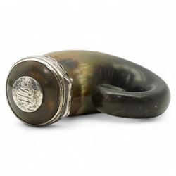19th century Scottish rams horn snuff mill, the hinged cover with a silver plaque engraved with initials, below a silver scalloped mount, L10cm 