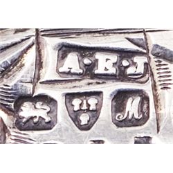Five early 20th century silver stamp holders modelled in the form of envelopes, comprising three foliate engraved examples, and two plain examples, one with applied detail 'Stamps' verso, hallmarked Albert Ernest Jenkins, (makers mark to one example worn and indistinct),  Chester 1904, 1906, 1908 and 1912, approximate total weight 0.60 ozt (18.6 grams)