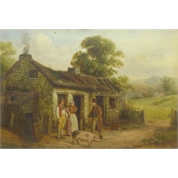  S Dawson (19th century): Selling the Pig outside a Thatched Cottage, oil on canvas signed 44cm x 64cm  