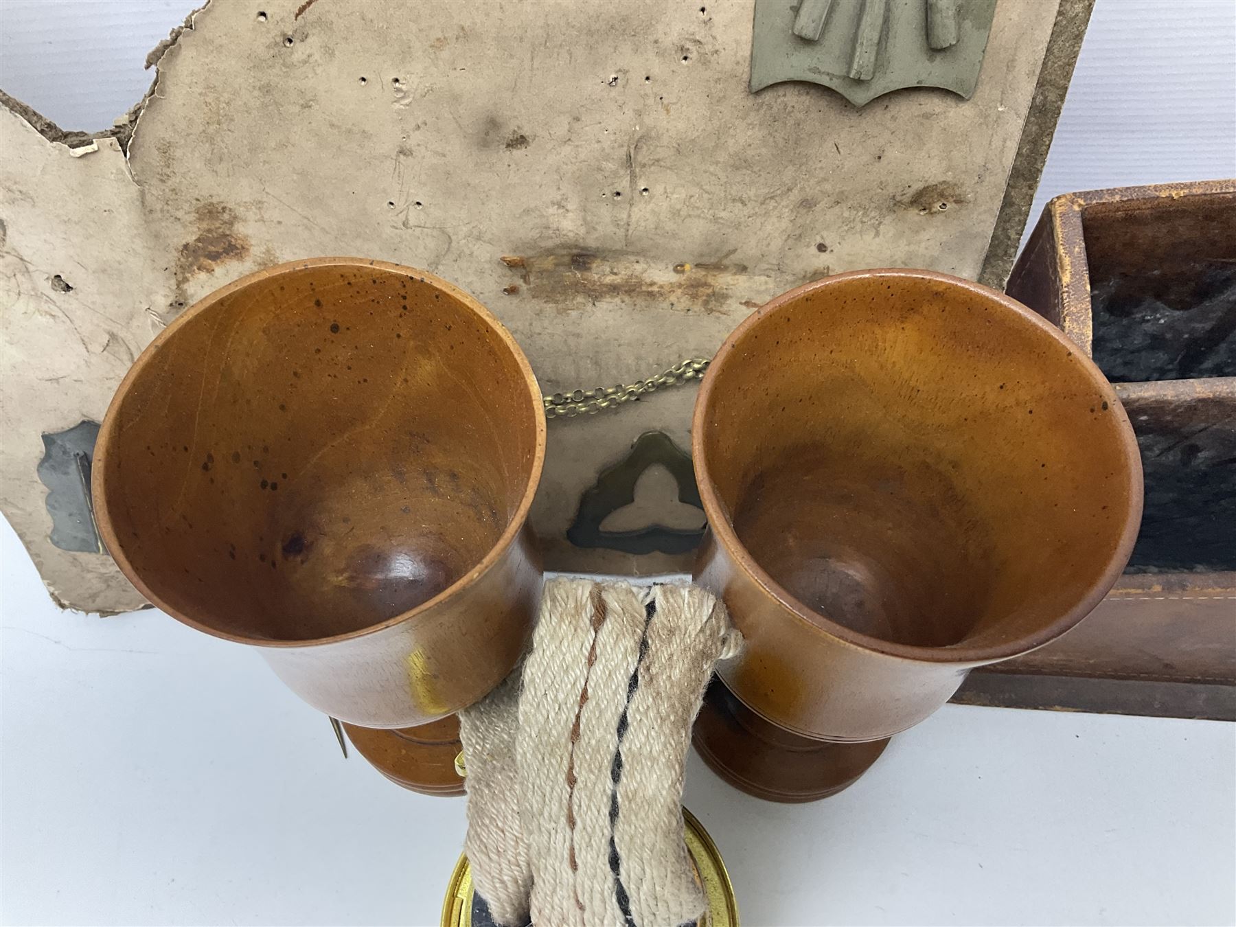 Pair of turned wooden goblets, six hardstone eggs, vintage slide rule and a leather letter rack, etc