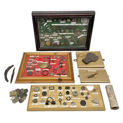 Collection of metal detecting finds and antiquities, housed on five display boards and some loose, to include coins, keys, axe head etc 