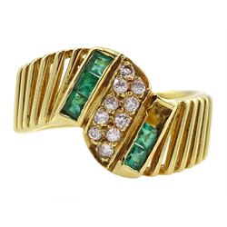 18ct gold calibre cut emerald and round brilliant cut diamond ring, hallmarked