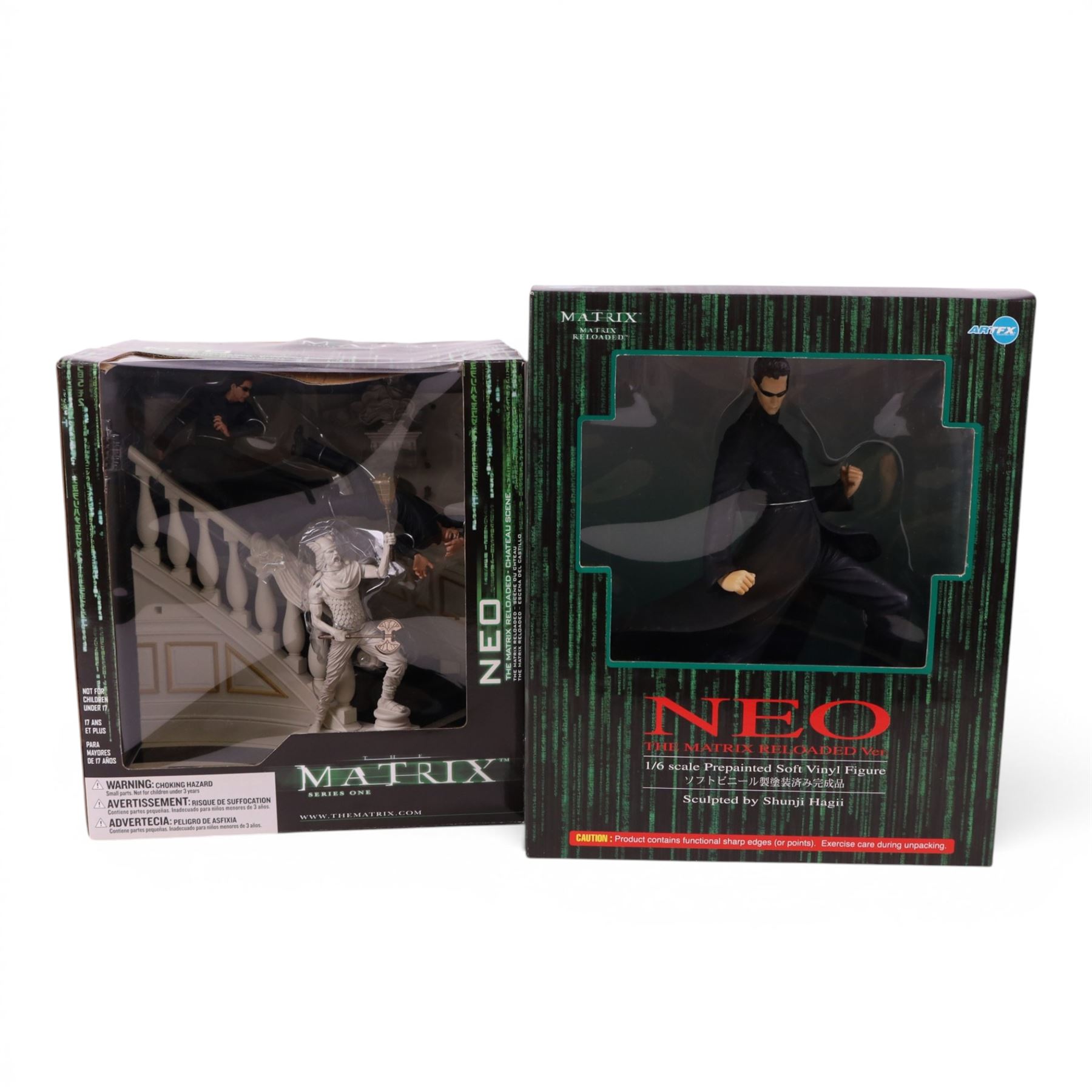McFarlane Toys The Matrix Series One fight scene figure and a ArtFX Matrix Reloaded 1:6 scale pre-painted vinyl figure, both boxed