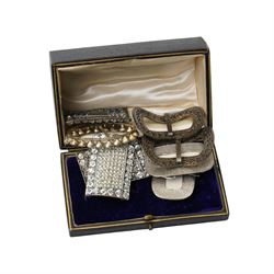 Collection of hat pins and paste set buckles