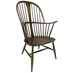 Ercol - 'Windsor' elm and beech high back chair, double hoop and stick back with shaped splat, on splayed turned supports with H stretchers