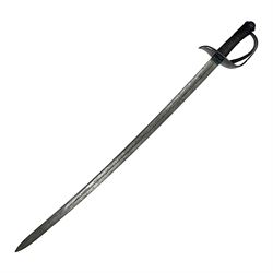 Mid-19th century Continental Light Cavalry troopers sword, with 89.5cm slightly curving fullered steel blade, black painted iron pierced half-basket hilt and wire-bound leather grip L105cm (no scabbard)