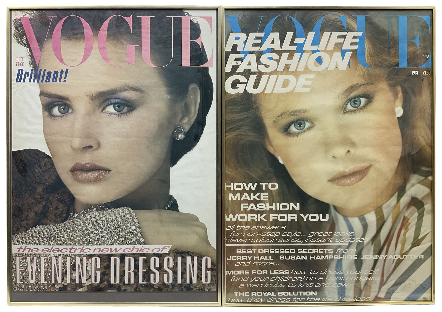 Vintage British Vogue Magazine Cover Posters from 1981, Oct 1983, Dec 1984, Feb & May 1985, with cover shots of Elisabetta Ramella, Jerry Hall, Jenna de Rosnay, Jose Toledo 67cm x 48cm (5)
