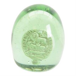 Three Victorian green glass dumps, two internally decorated with a bust profile of William Ewart Gladstone and one with a medallion to the centre, tallest H10cm