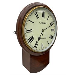  A late 19th century c1880 mahogany cased drop dial wall clock with a 12” dial inscribed “T.MOSES, AUKLAND”, dial with Roman numerals, minute track and steel spade hands, flat glass and spun brass bezel with a silvered sight ring, 8-day fusee timepiece movement. With pendulum and key.
Thomas Moses is recorded as working as a clockmaker and jeweller in Newgate Street, Bishop Auckland, 1838-1900.




