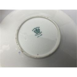 Coalport cobalt blue batwing pattern tea wares, decorated with finely enamelled floral sprays within gilt reserves, comprising teacup trio, coffee can and saucer and other cup and saucer, twin handled cake plate, milk jug and open sucrier, and circular plate retailed by T. Goode & Co London, pattern no Y2665,  all with green Coalport AD 1750 marks beneath, largest W26cm (11)