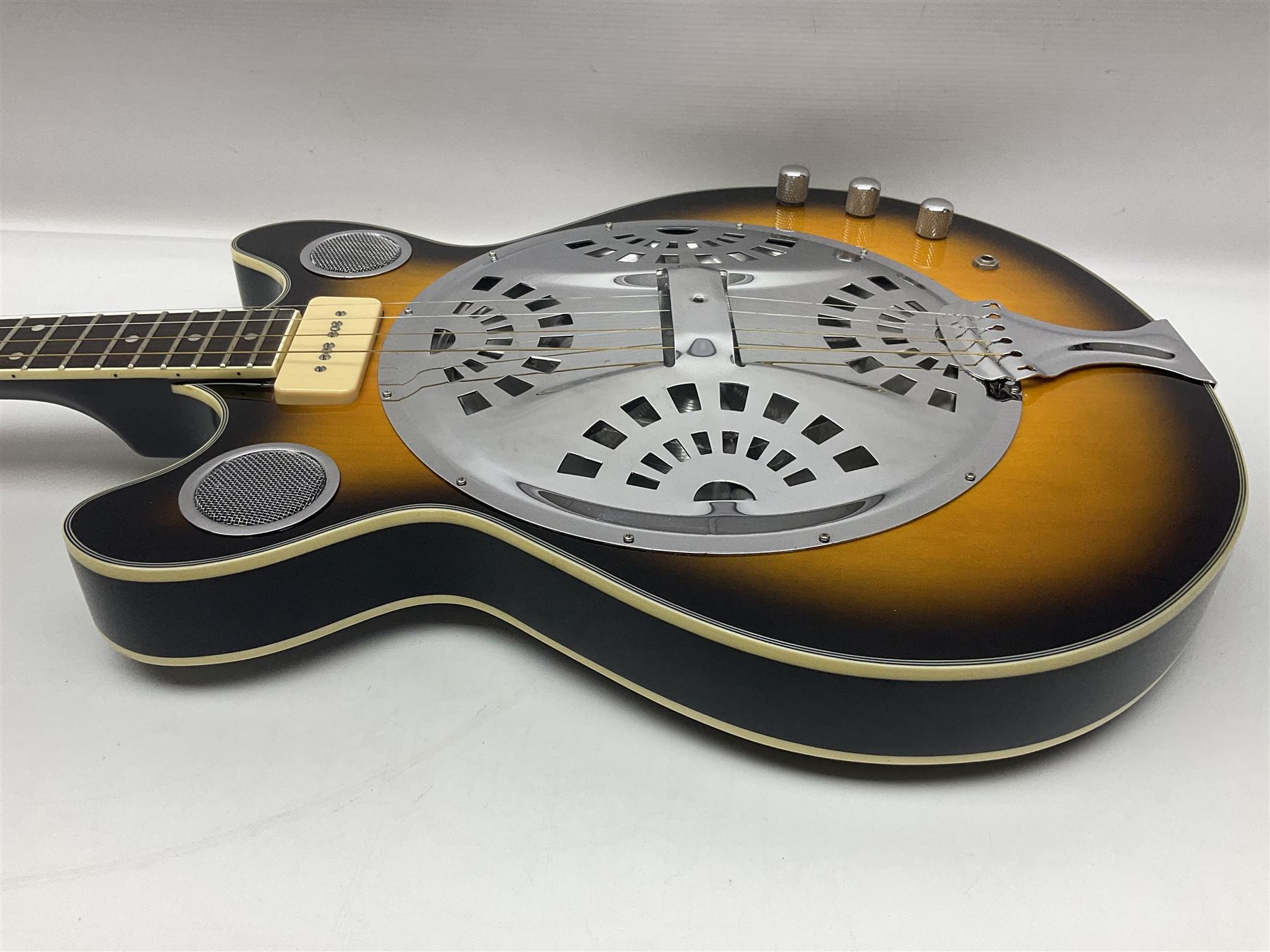 Eastwood of Canada Delta 4 electric four-string tenor resonator guitar with tobacco sunburst finish, serial no.1703437 L100cm; in original soft carrying case
